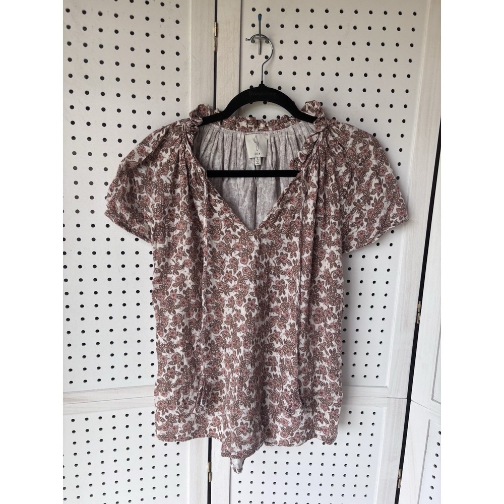Joie Floral Brown Peach Soft 100% Cotton Top Tassel Tie Women's Lg Short SLV